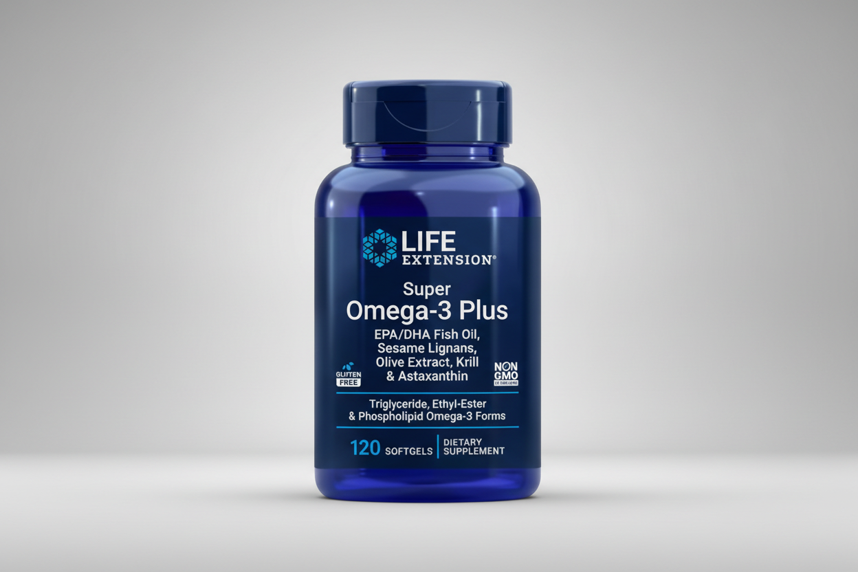 Blue bottle of Life Extension Super Omega-3 Plus dietary supplement on a white background