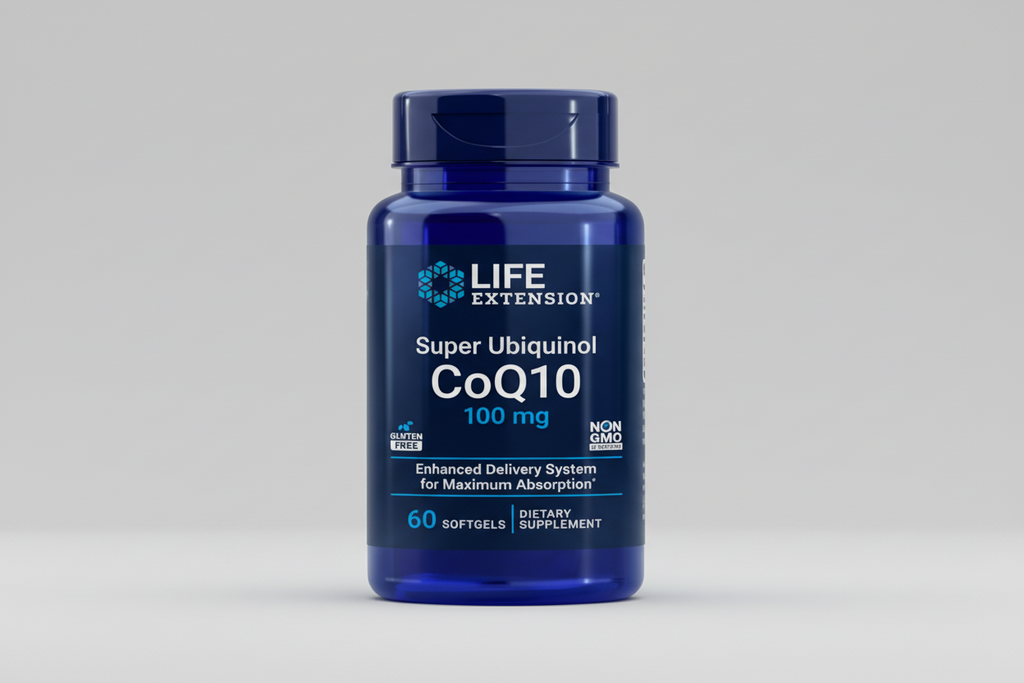 Life Extension Super Ubiquinol CoQ10 supplement bottle on a white background