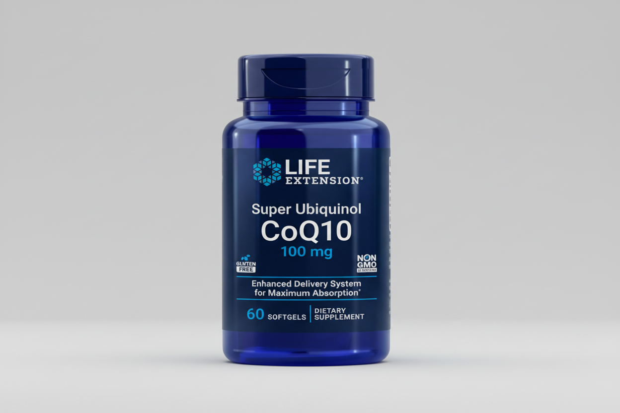 Life Extension Super Ubiquinol CoQ10 supplement bottle on a white background