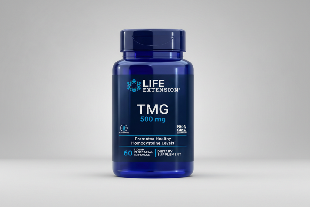 Life Extension TMG 500 mg supplement bottle on a white background