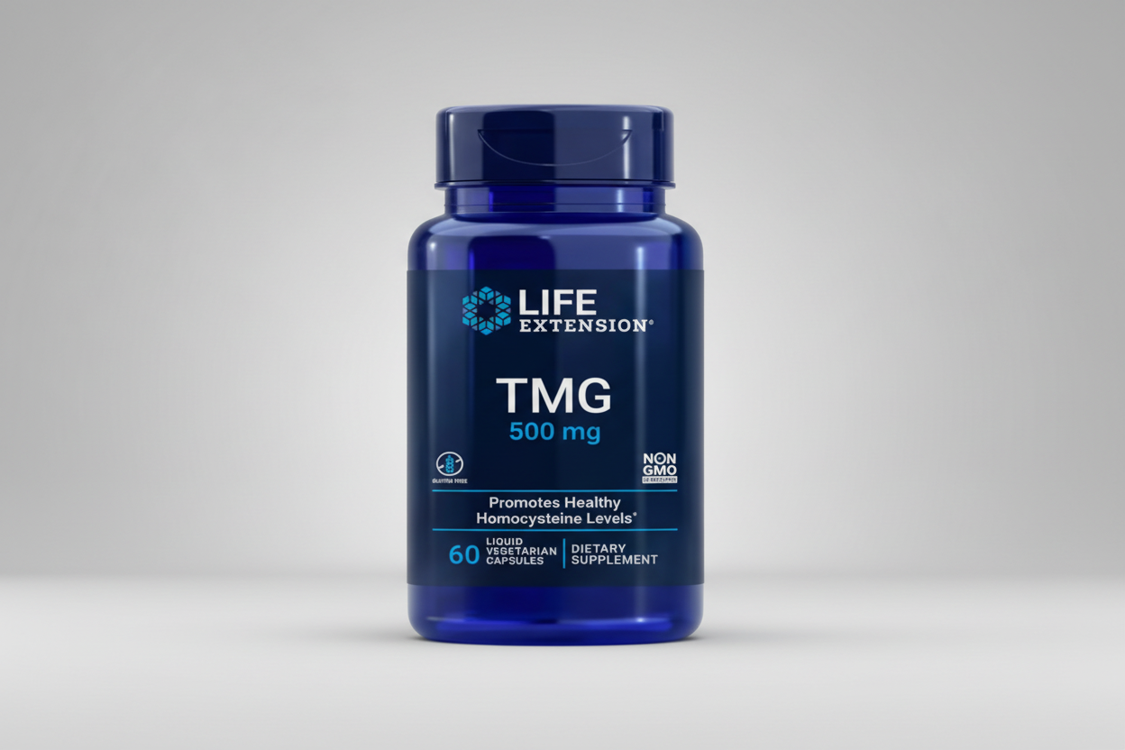Life Extension TMG 500 mg supplement bottle on a white background