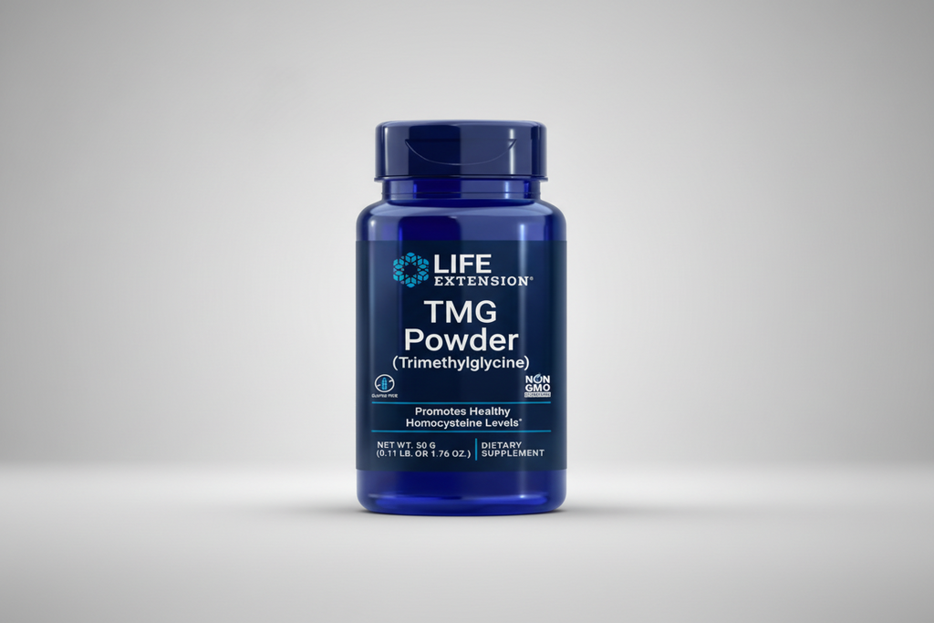 Life Extension TMG Powder dietary supplement bottle on a white background