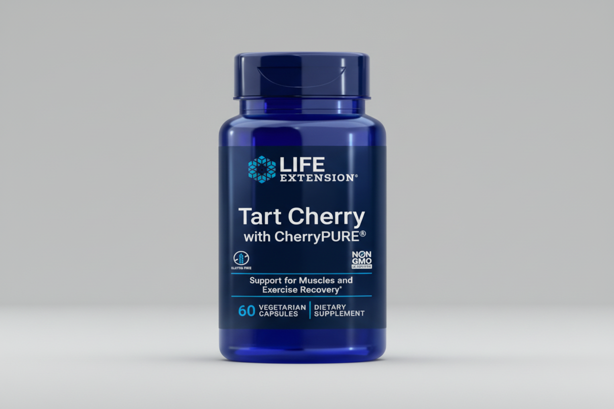 Life Extension Tart Cherry supplement bottle with blue label