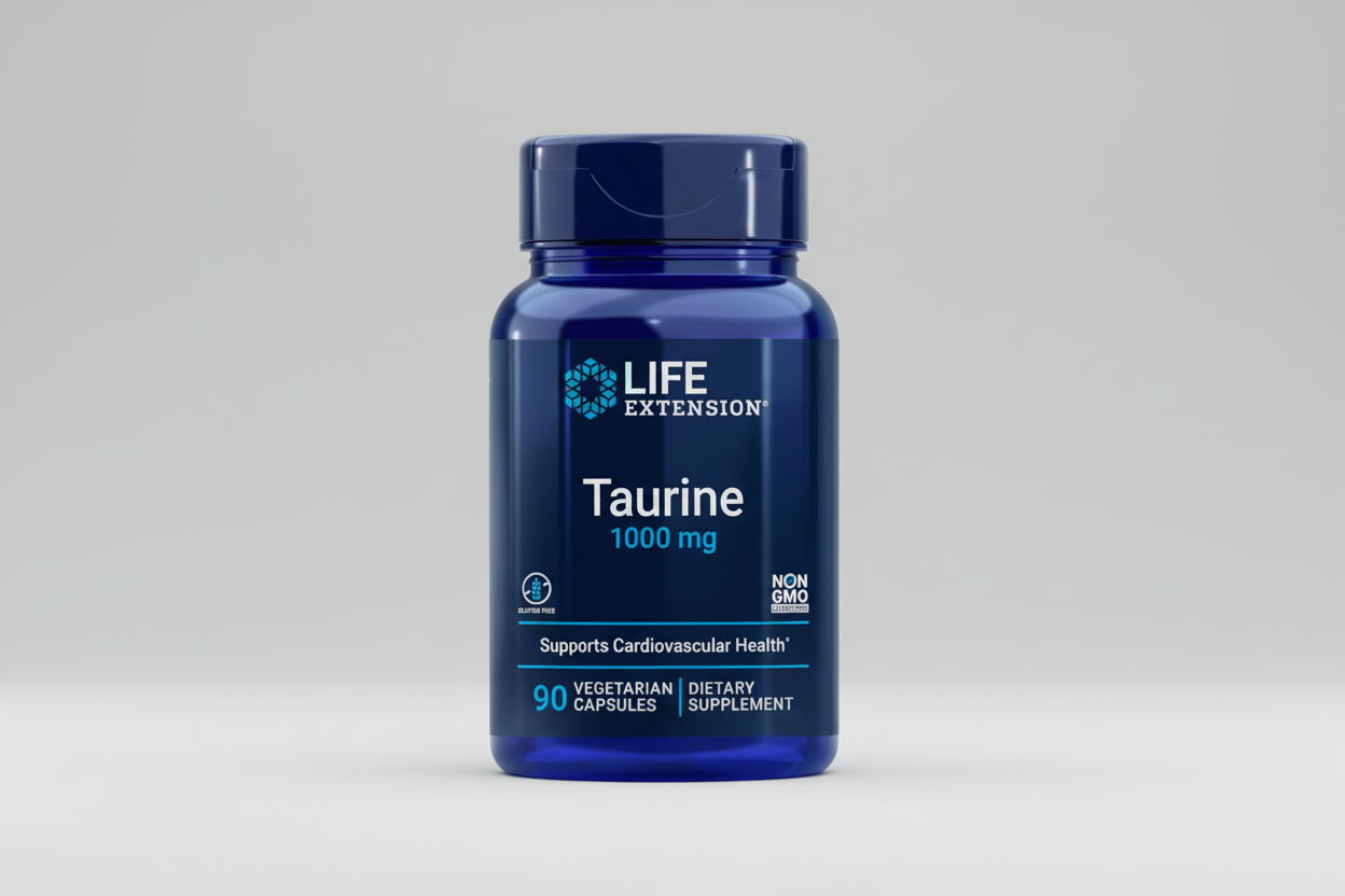 Blue supplement bottle labeled 'Taurine 1000 mg' by Life Extension on a white background