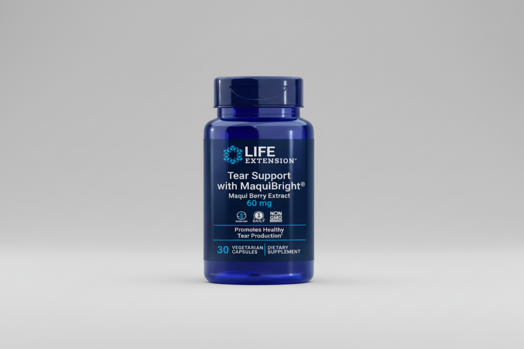 Blue supplement bottle labeled 'Tear Support with MaquiBright' by Life Extension on a white background.