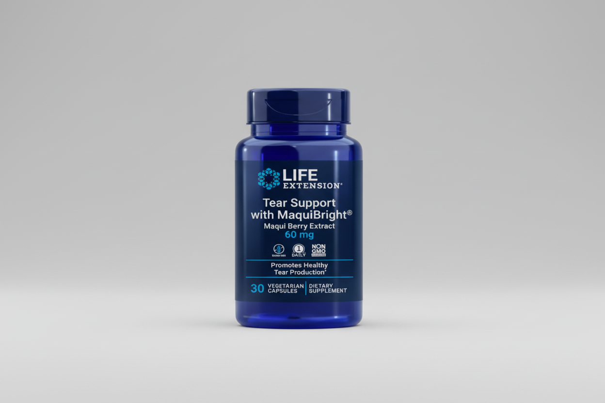 Blue supplement bottle labeled 'Tear Support with MaquiBright' by Life Extension on a white background.