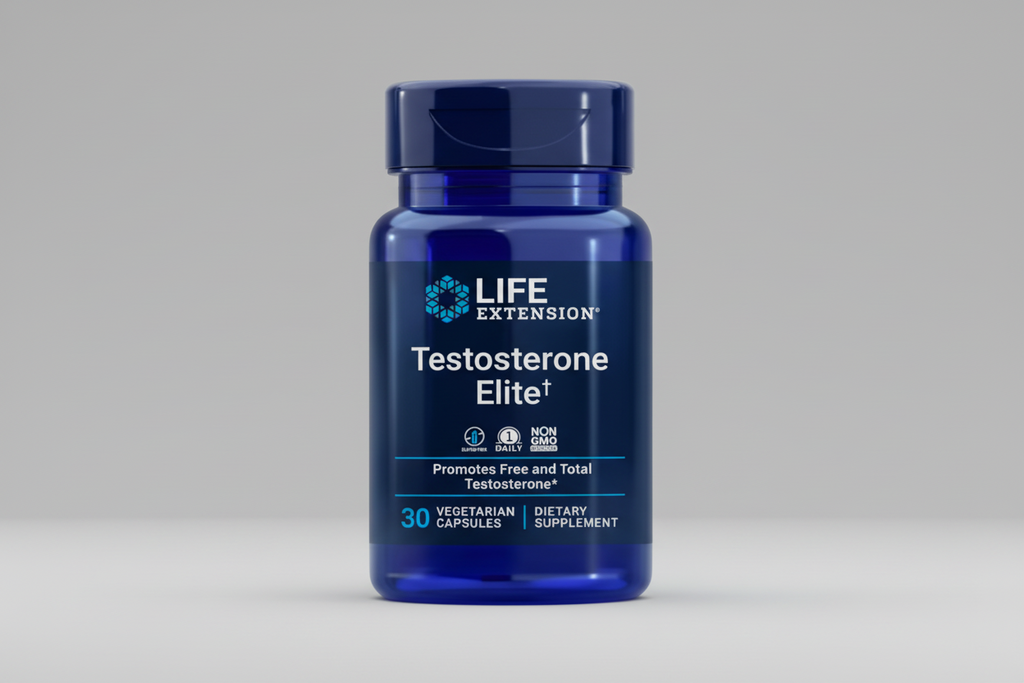 Life Extension Testosterone Elite supplement bottle on a black background