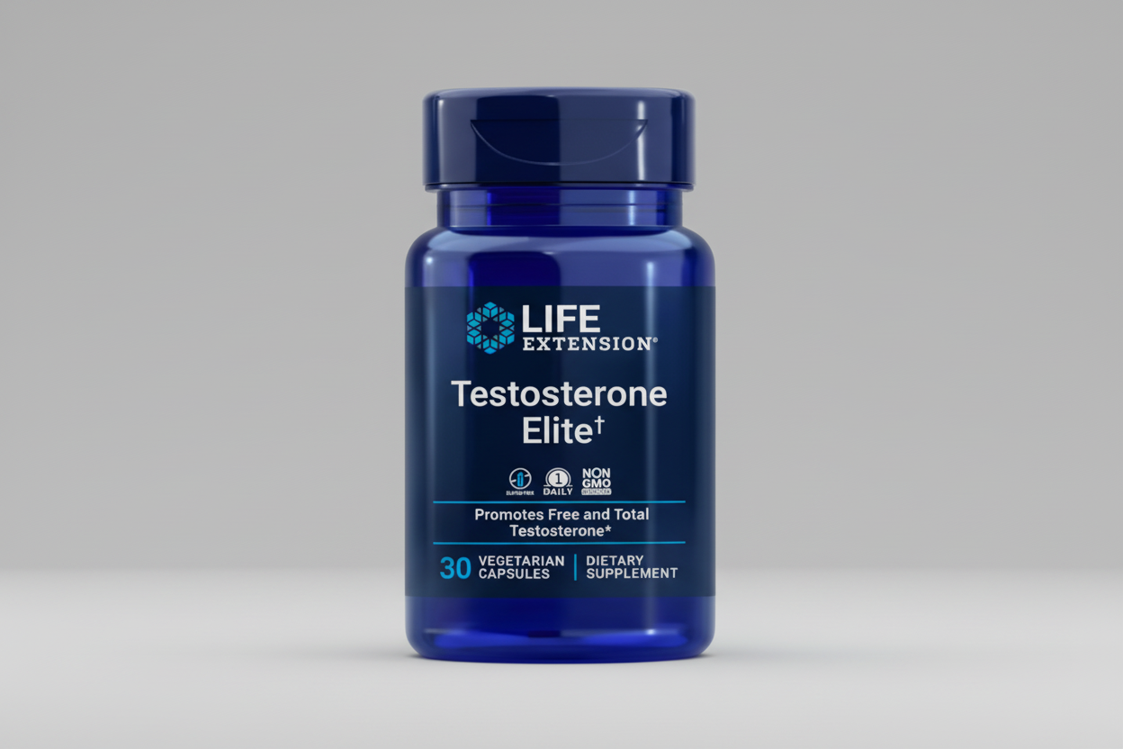 Life Extension Testosterone Elite supplement bottle on a black background