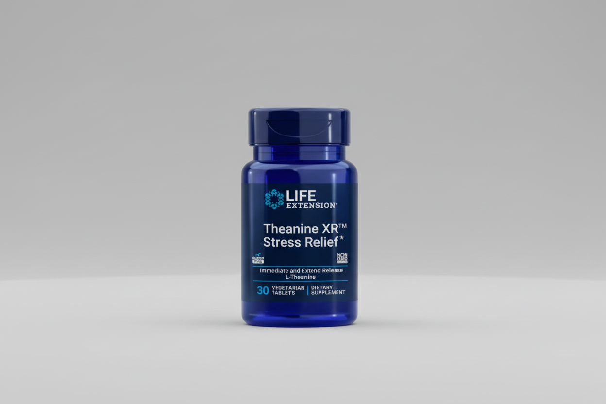 Life Extension Theanine XR Stress Relief supplement bottle on a white background