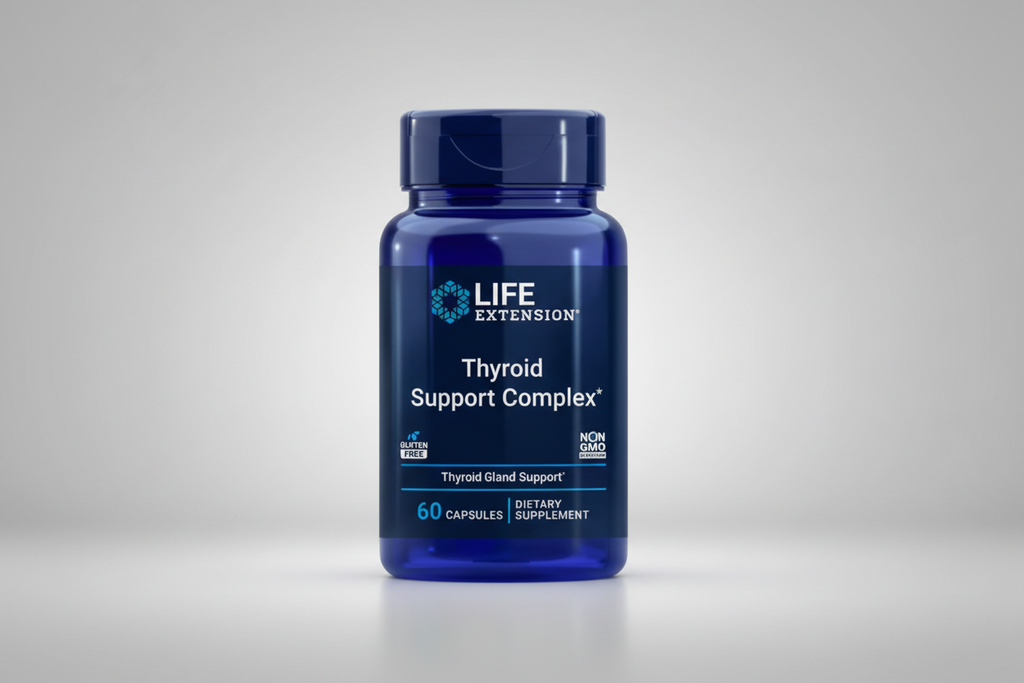 Blue bottle of Life Extension Thyroid Support Complex on a white background