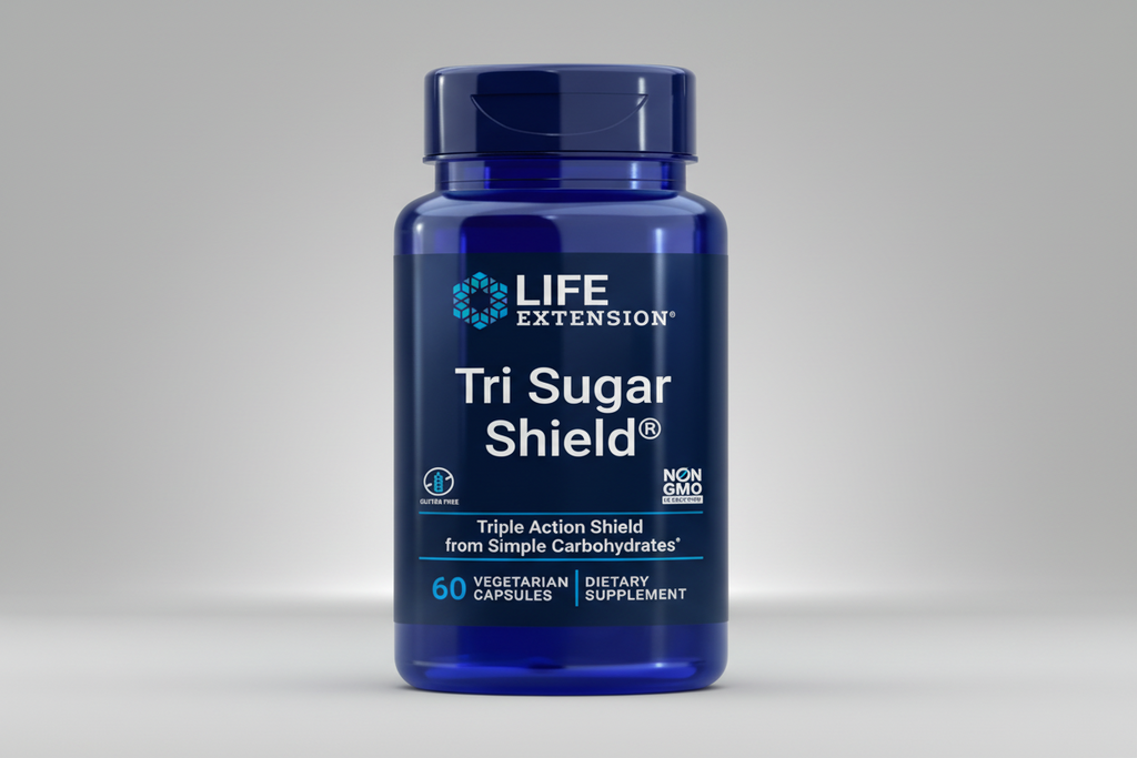 Blue supplement bottle labeled 'Tri Sugar Shield' by Life Extension on a white background
