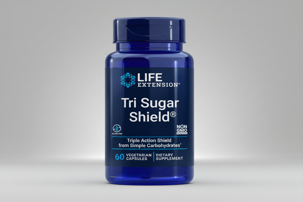 Blue supplement bottle labeled 'Tri Sugar Shield' by Life Extension on a white background