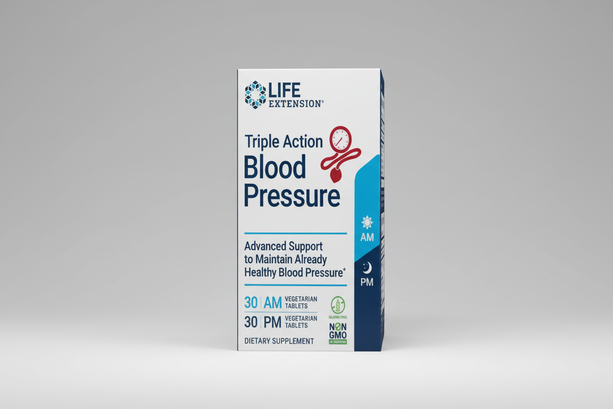 Box of Life Extension Triple Action Blood Pressure supplement packaging