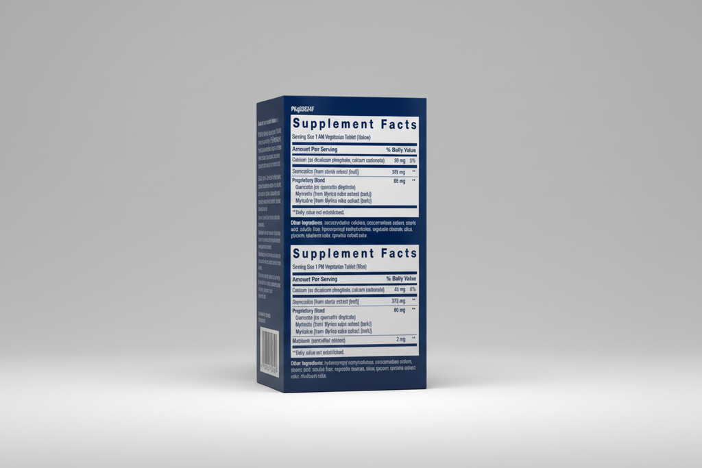 Supplement package with 'Supplement Facts' label on a blue background