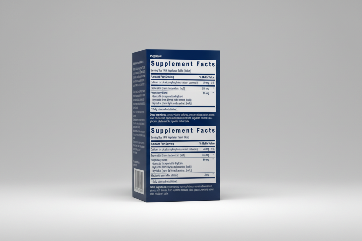 Supplement package with 'Supplement Facts' label on a blue background