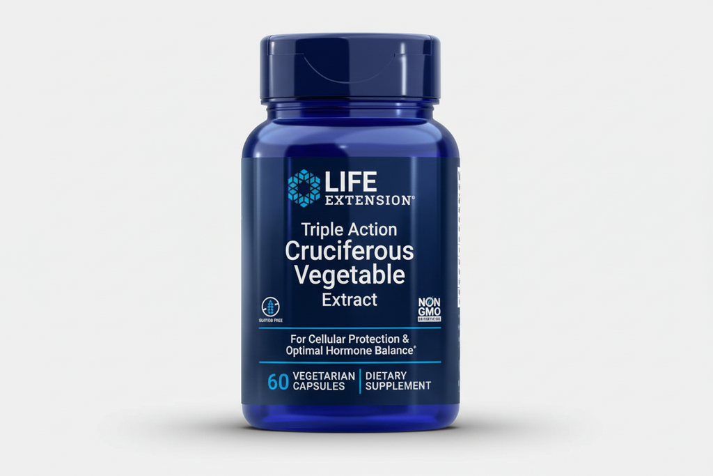 Blue supplement bottle labeled 'Life Extension Triple Action Cruciferous Vegetable Extract' on a white background