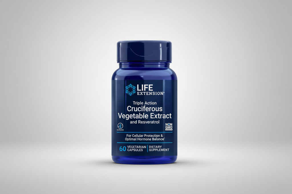 Blue supplement bottle labeled 'Life Extension' with dietary supplement text.