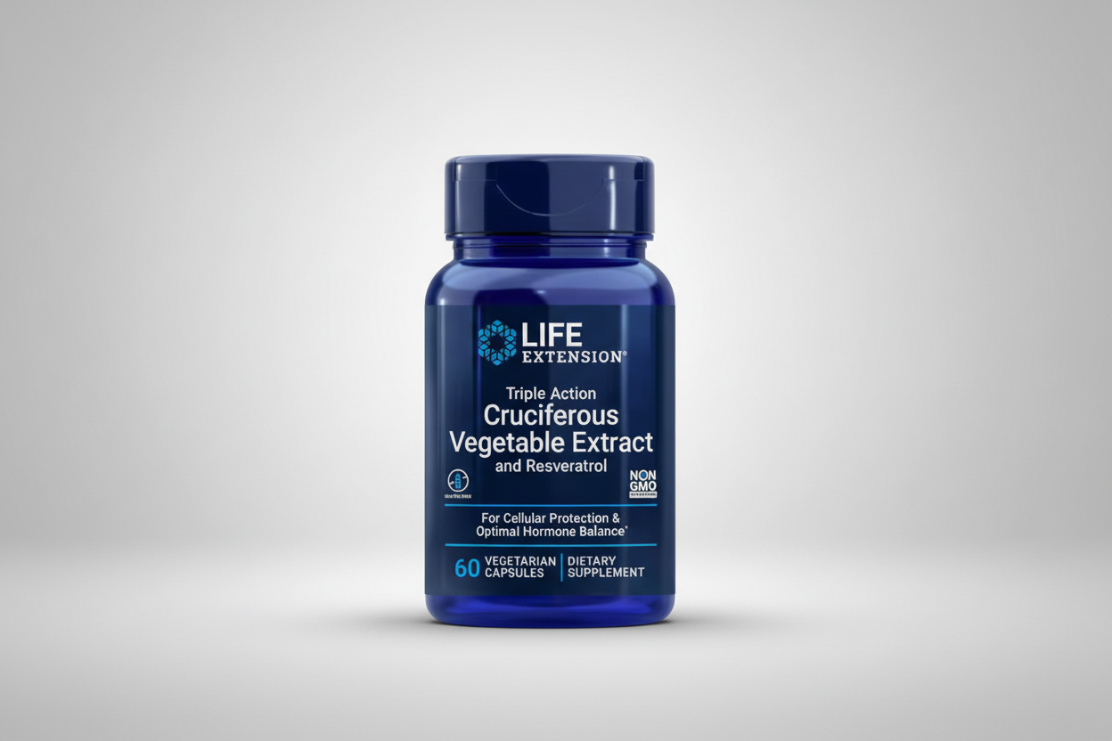 Blue supplement bottle labeled 'Life Extension' with dietary supplement text.