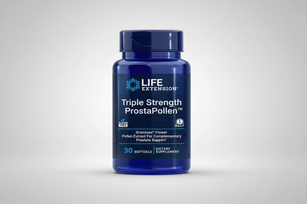 Blue supplement bottle labeled 'Triple Strength ProstaPollen' by Life Extension on a white background.