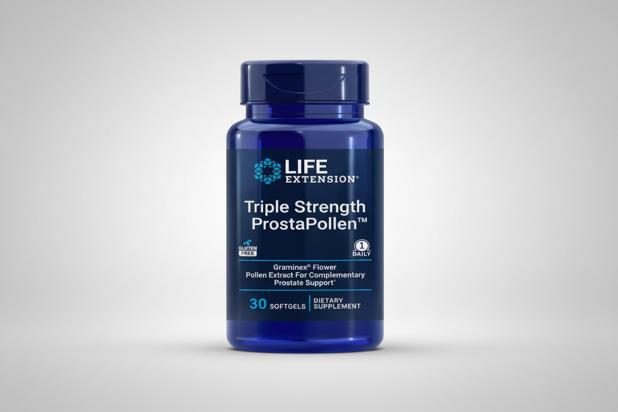Blue supplement bottle labeled 'Triple Strength ProstaPollen' by Life Extension on a white background.