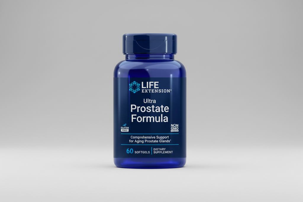 Blue supplement bottle labeled 'Ultra Prostate Formula' by Life Extension on a white background