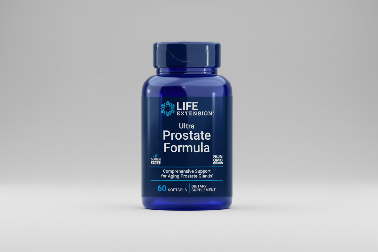 Blue supplement bottle labeled 'Ultra Prostate Formula' by Life Extension on a white background