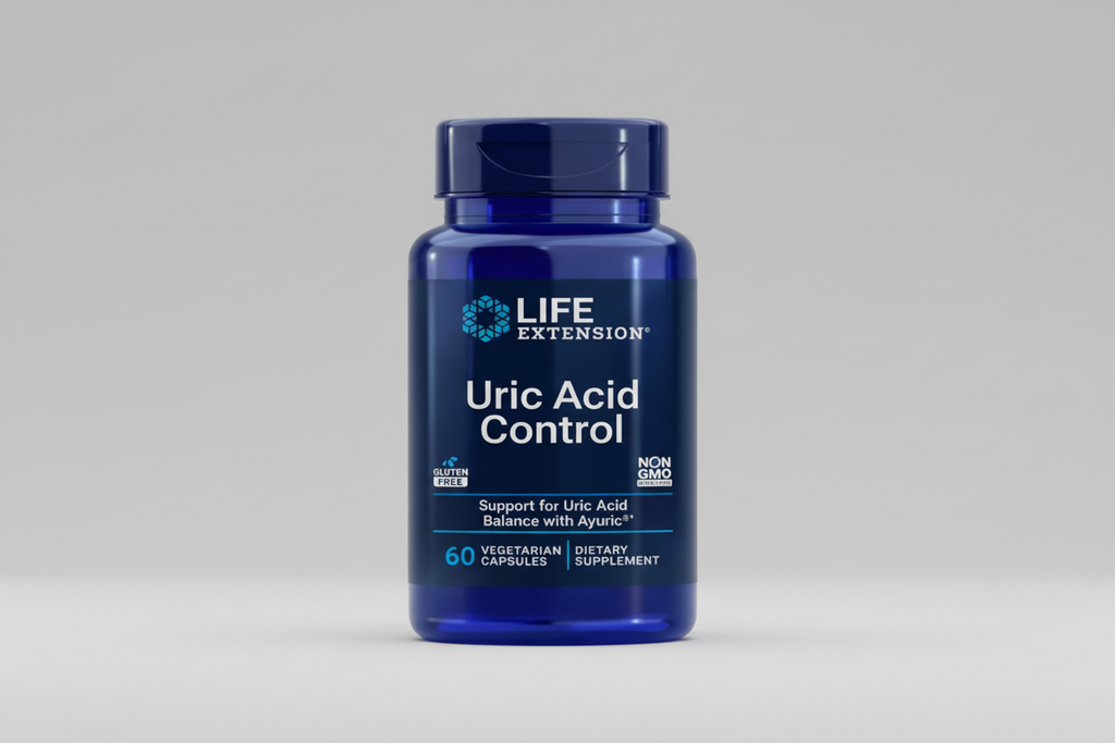 Life Extension Uric Acid Control supplement bottle on a white background