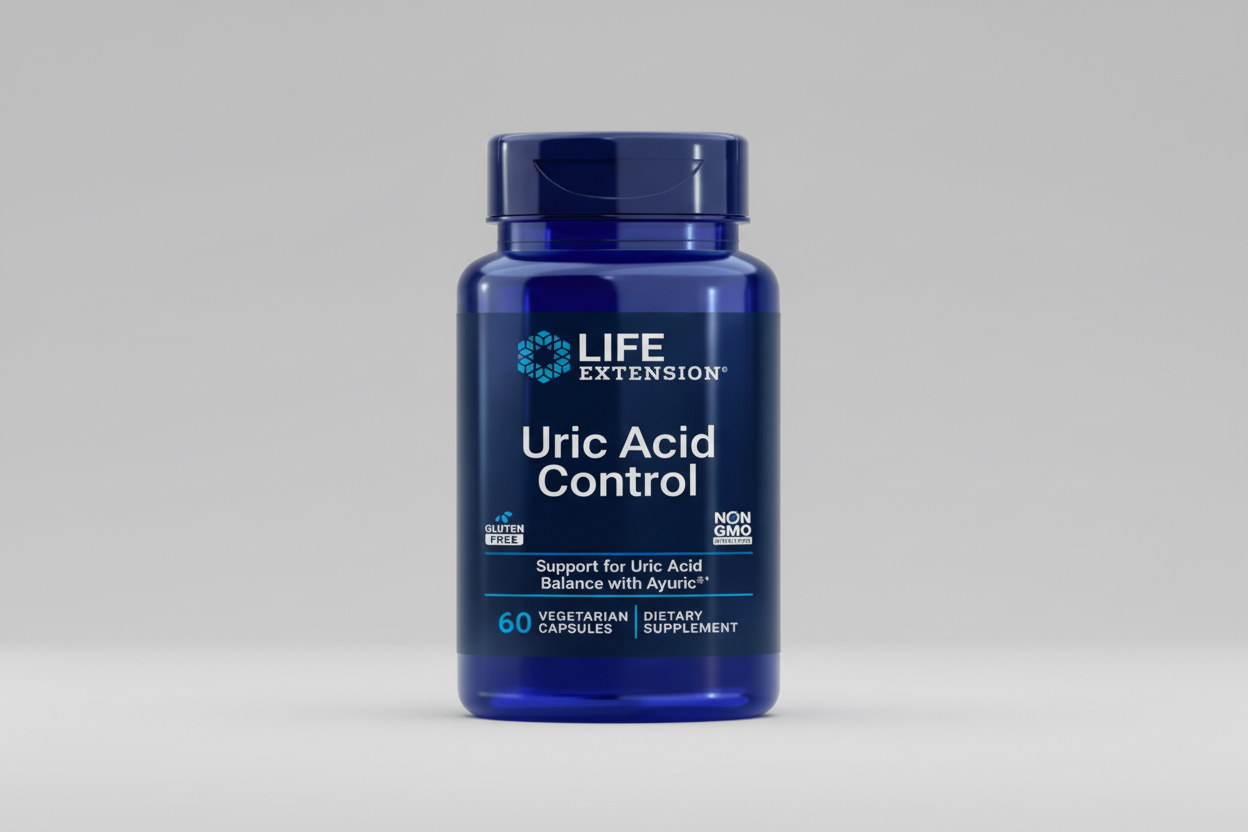 Life Extension Uric Acid Control supplement bottle on a white background