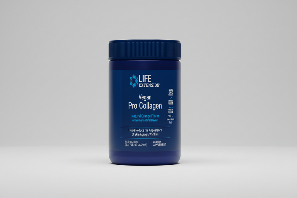 Blue supplement bottle labeled 'Vegan Pro Collagen' by Life Extension on a white background