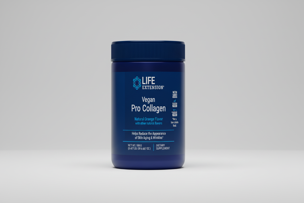 Blue supplement bottle labeled 'Vegan Pro Collagen' by Life Extension on a white background