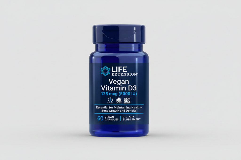 Life Extension Vegan Vitamin D3 supplement bottle on a white background