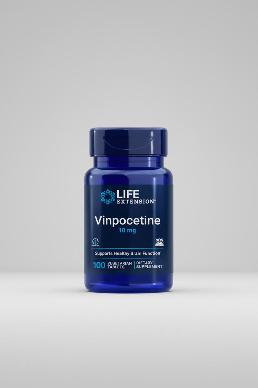 Life Extension Vinpocetine supplement bottle on a black background