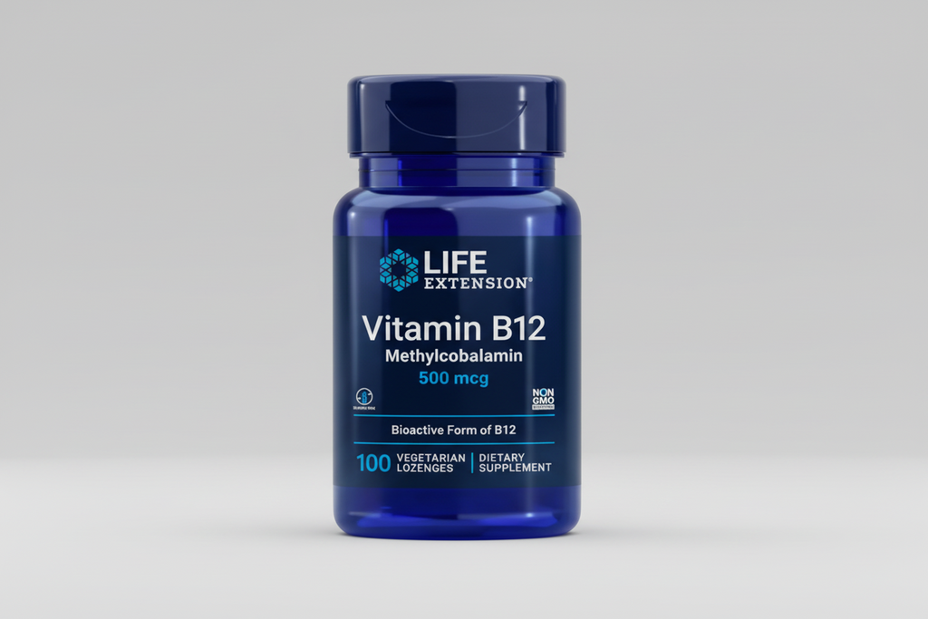 Life Extension Vitamin B12 supplement bottle on a black background
