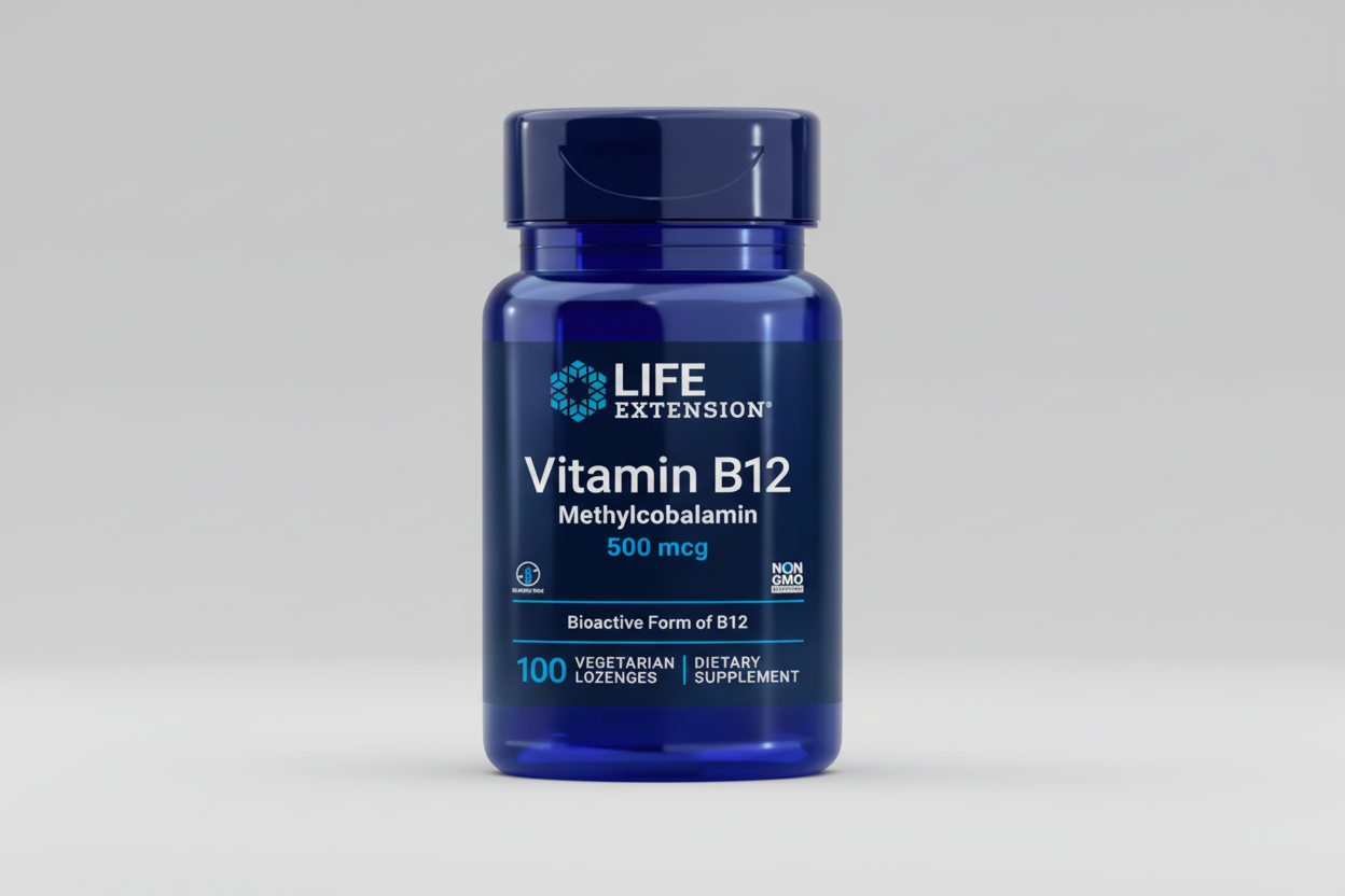 Life Extension Vitamin B12 supplement bottle on a black background