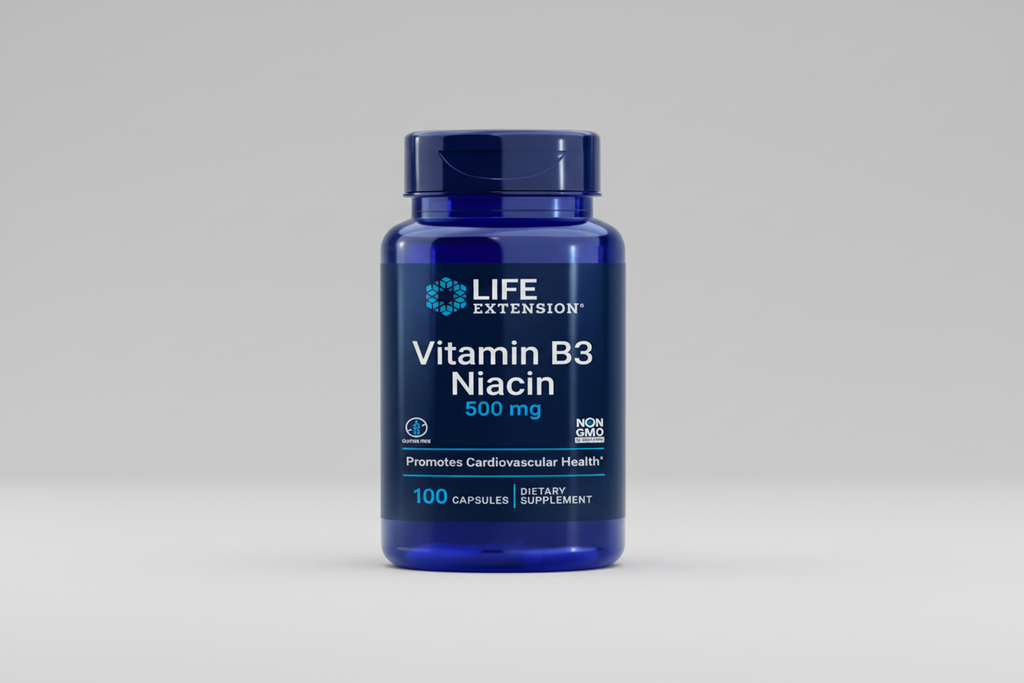 Life Extension Vitamin B3 Niacin supplement bottle on a white background