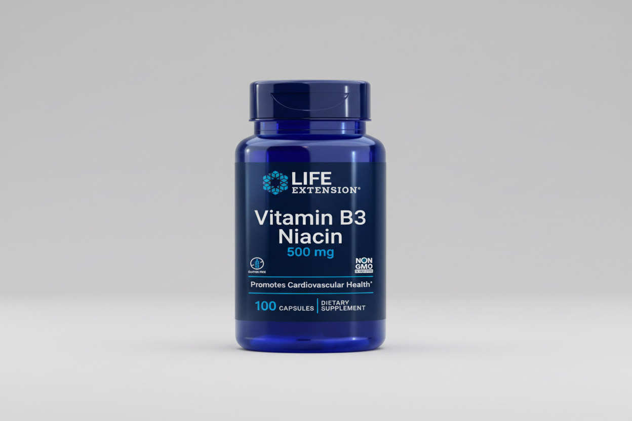 Life Extension Vitamin B3 Niacin supplement bottle on a white background