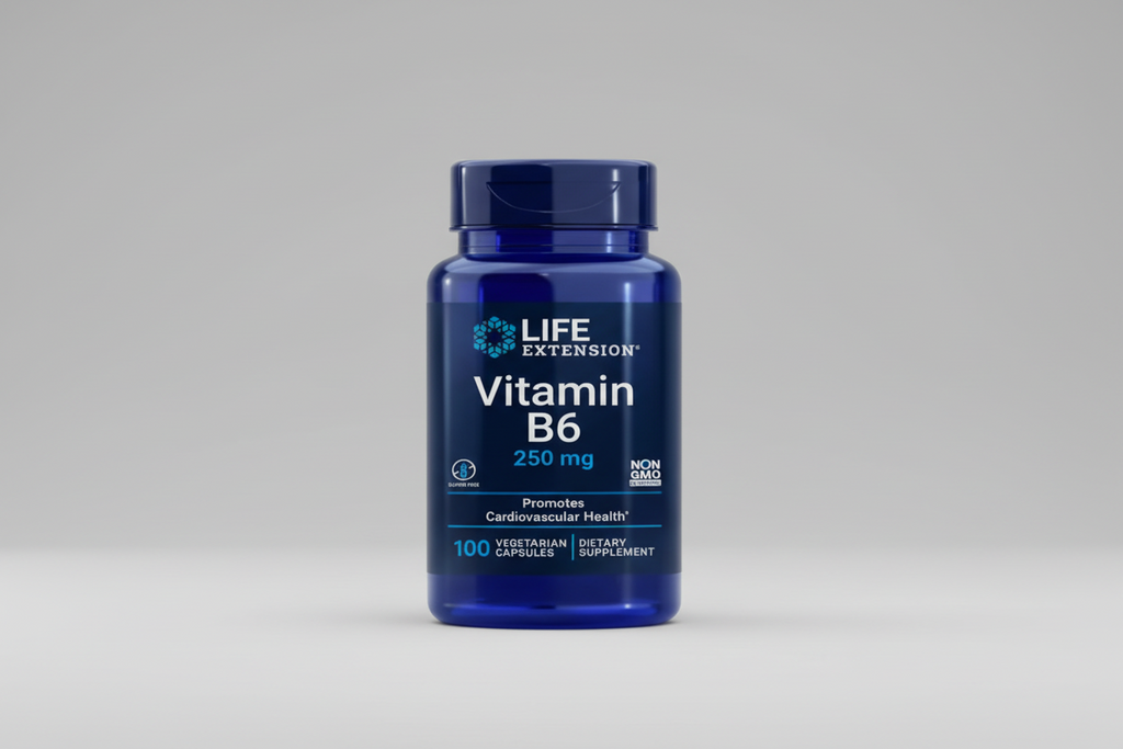 Life Extension Vitamin B6 supplement bottle on a white background