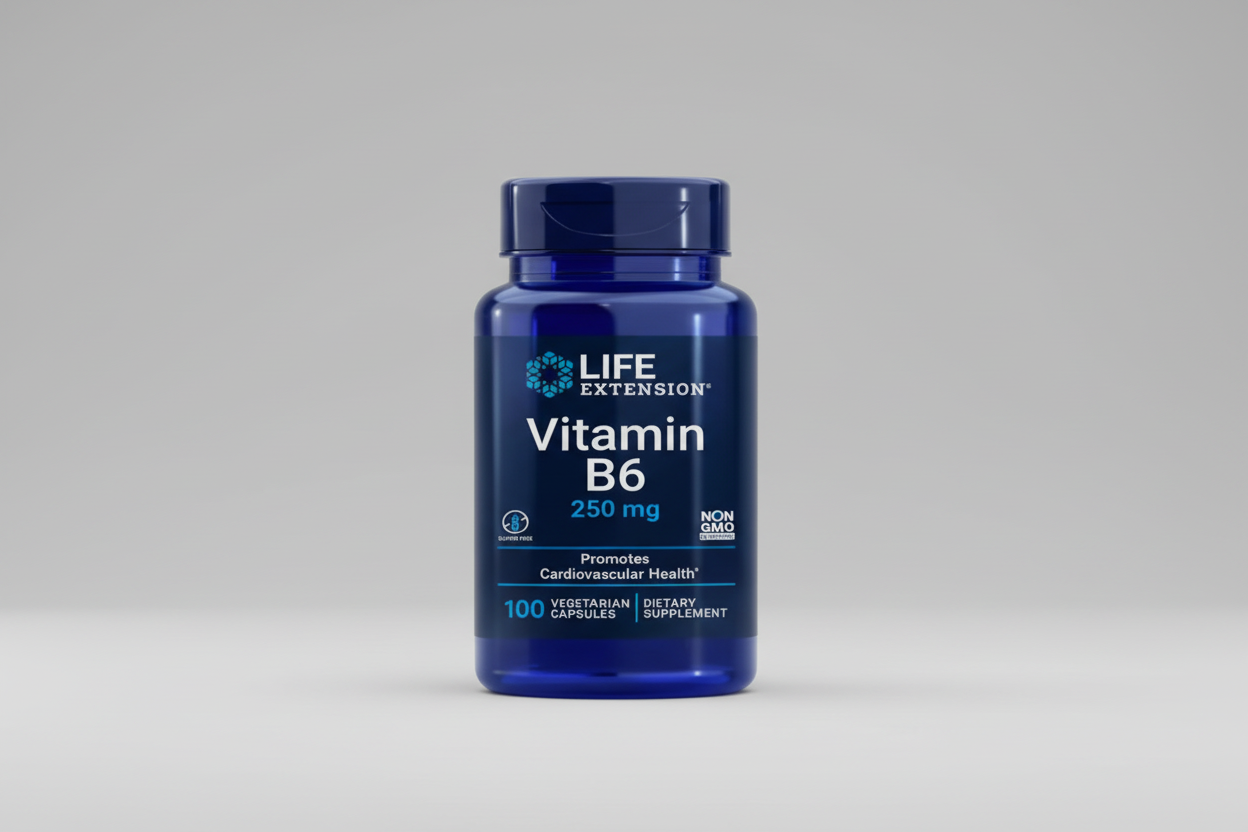 Life Extension Vitamin B6 supplement bottle on a white background