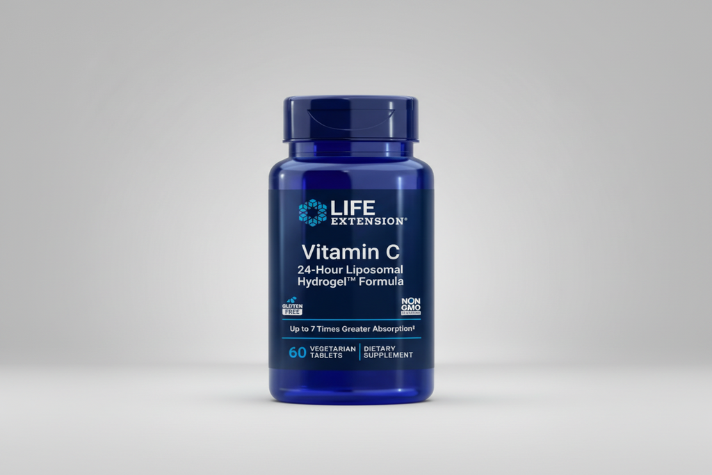Life Extension Vitamin C supplement bottle on a white background
