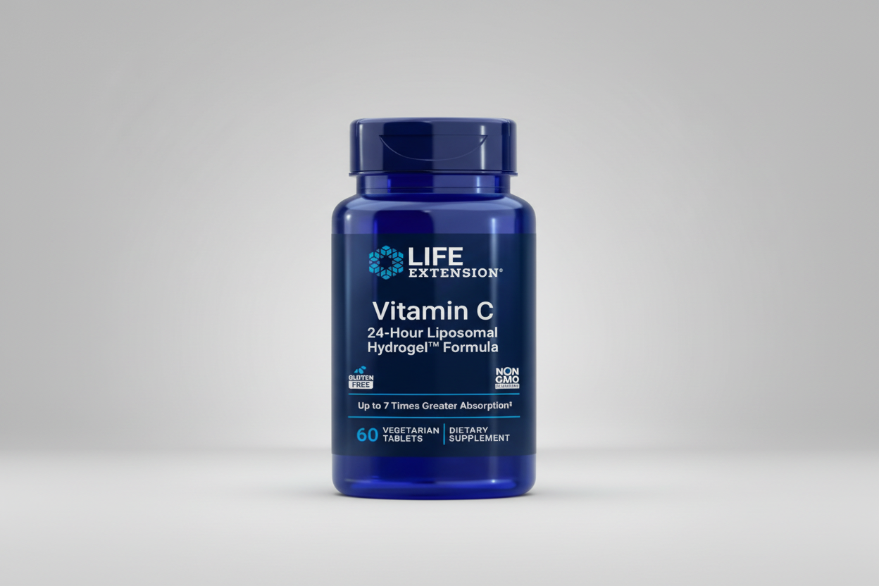 Life Extension Vitamin C supplement bottle on a white background