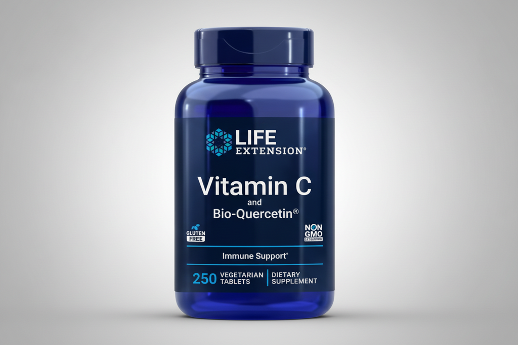 Blue supplement bottle labeled 'Life Extension Vitamin C and Bio-Quercetin' on a white background