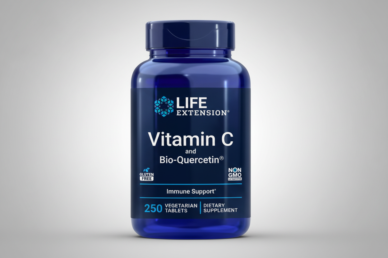 Blue supplement bottle labeled 'Life Extension Vitamin C and Bio-Quercetin' on a white background