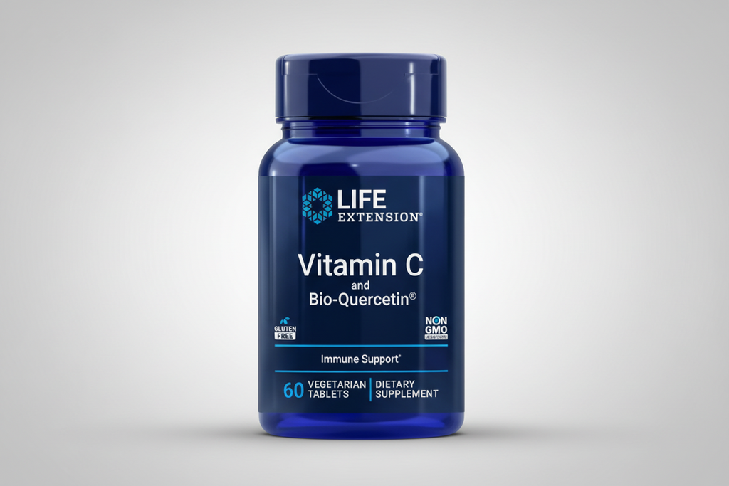 Life Extension Vitamin C and Bio-Quercetin supplement bottle on a white background