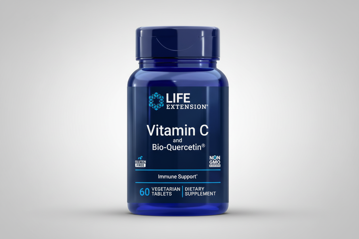 Life Extension Vitamin C and Bio-Quercetin supplement bottle on a white background