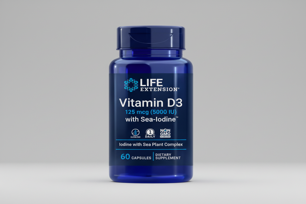 Life Extension Vitamin D3 supplement bottle with blue label