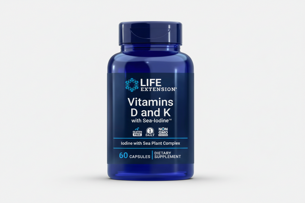 Blue bottle of Life Extension Vitamins D and K with Sea-Iodine on a white background
