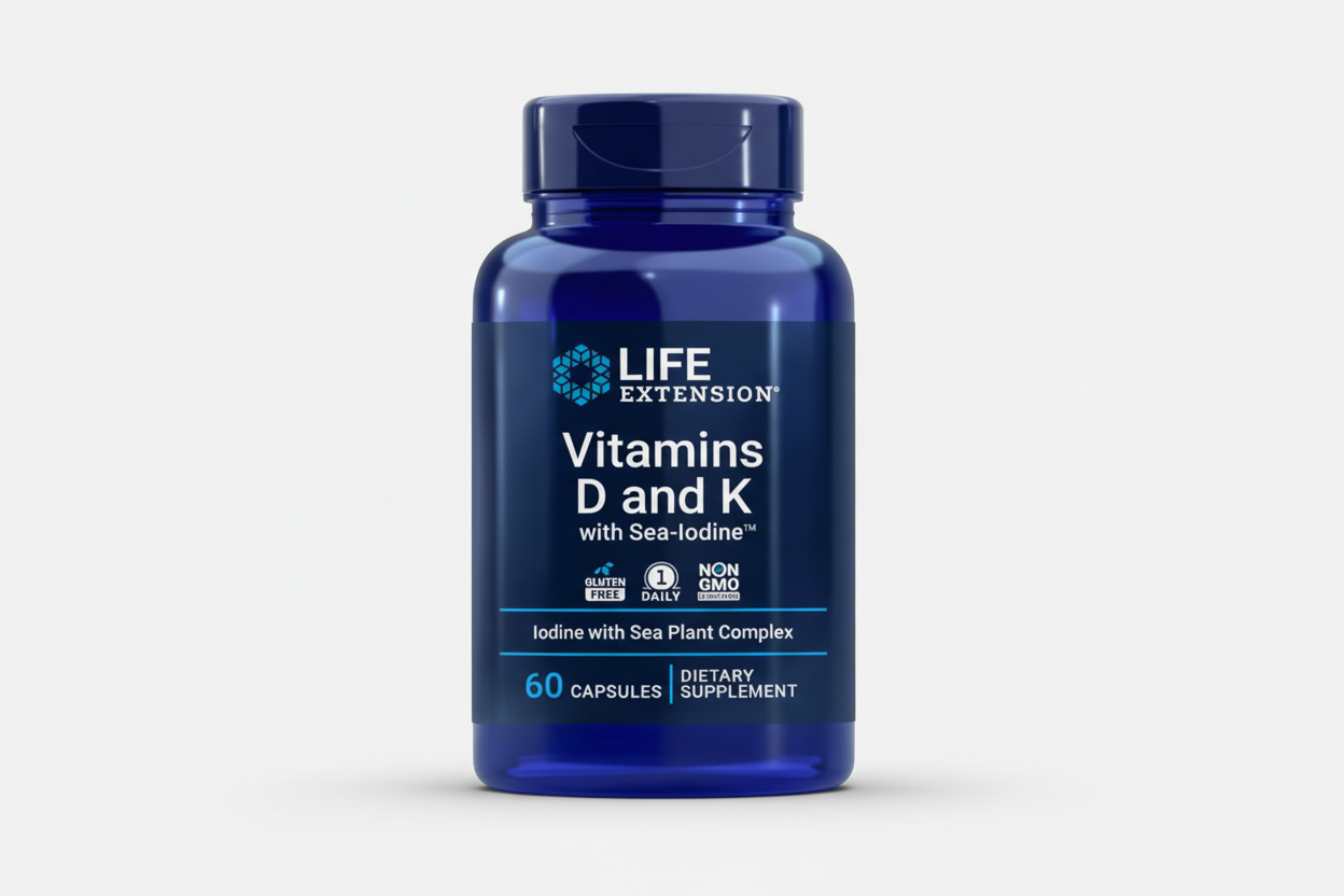 Blue bottle of Life Extension Vitamins D and K with Sea-Iodine on a white background