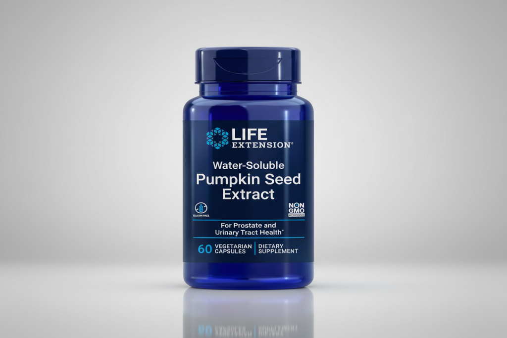 Blue bottle of Life Extension Water-Soluble Pumpkin Seed Extract on a white background