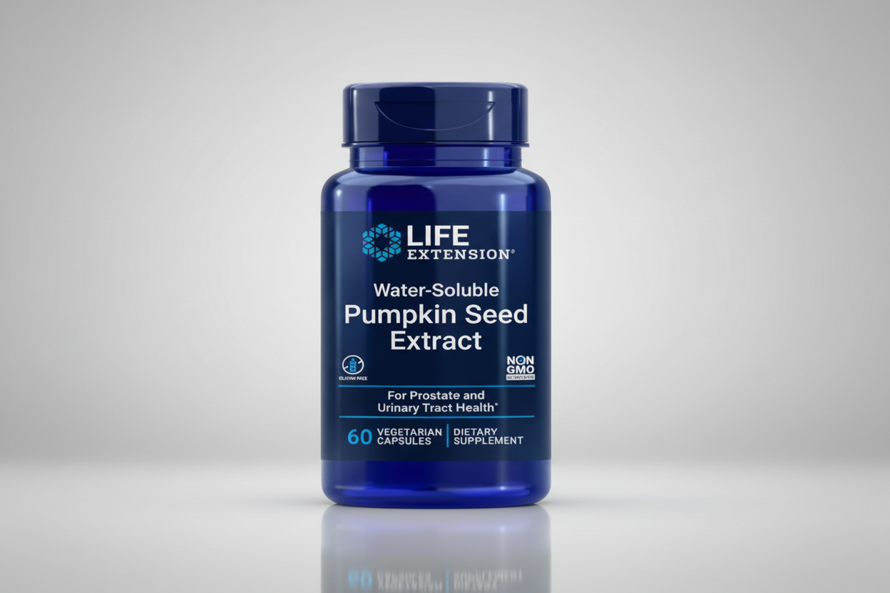 Blue bottle of Life Extension Water-Soluble Pumpkin Seed Extract on a white background