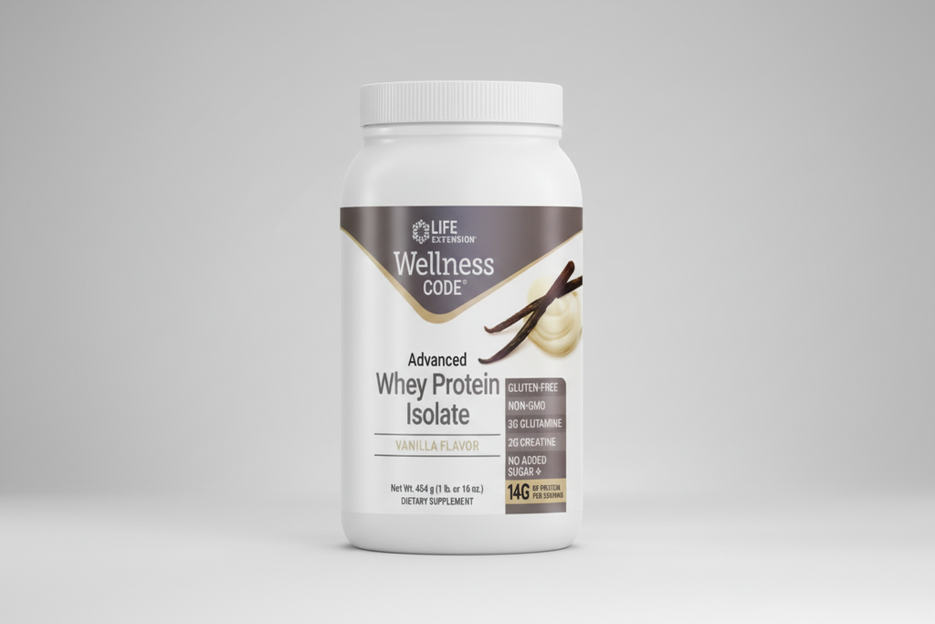 Life Extension Wellness Code Advanced Whey Protein Isolate container with vanilla flavor label.